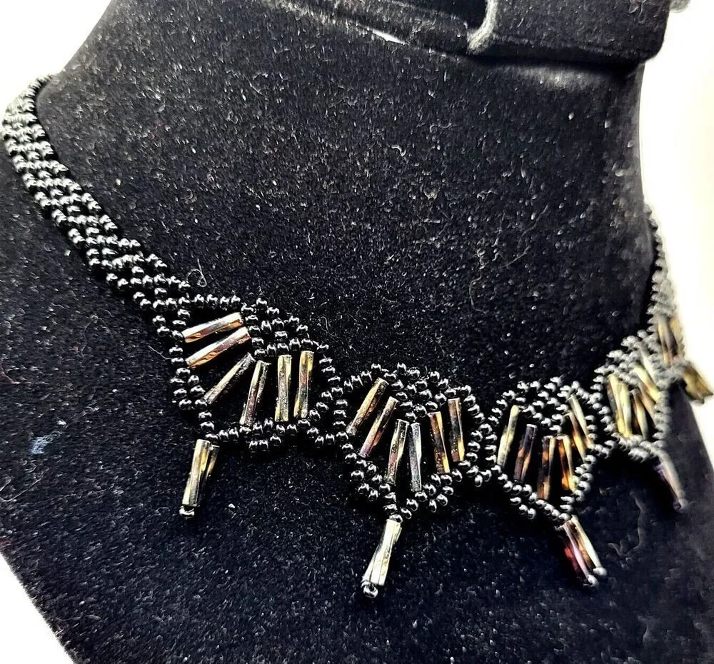 Antique Beaded Woven Victorian Beaded Silver and Black Choker Necklace 15.5 in